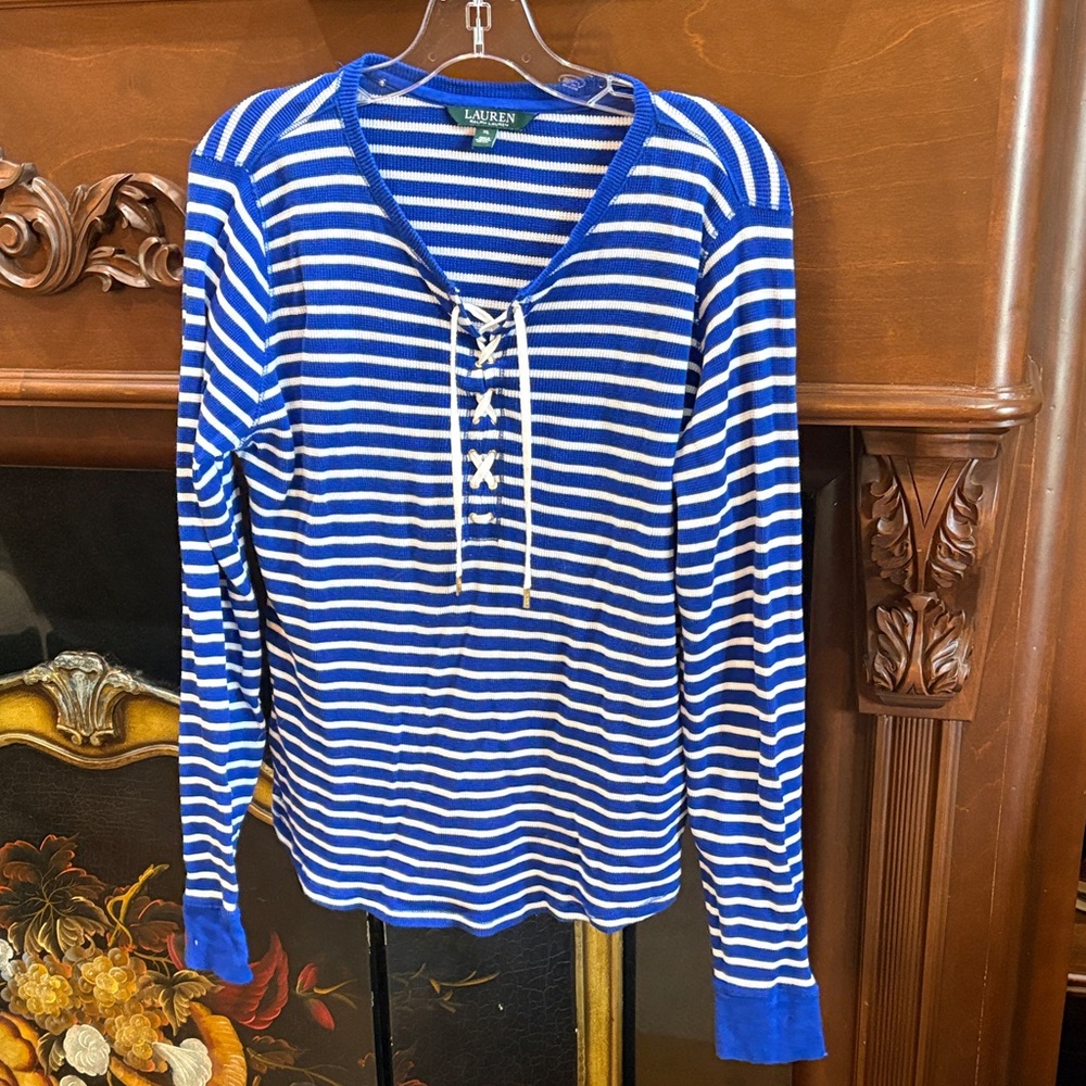 Ralph Lauren Blue and White Striped Lace-Up Blouse